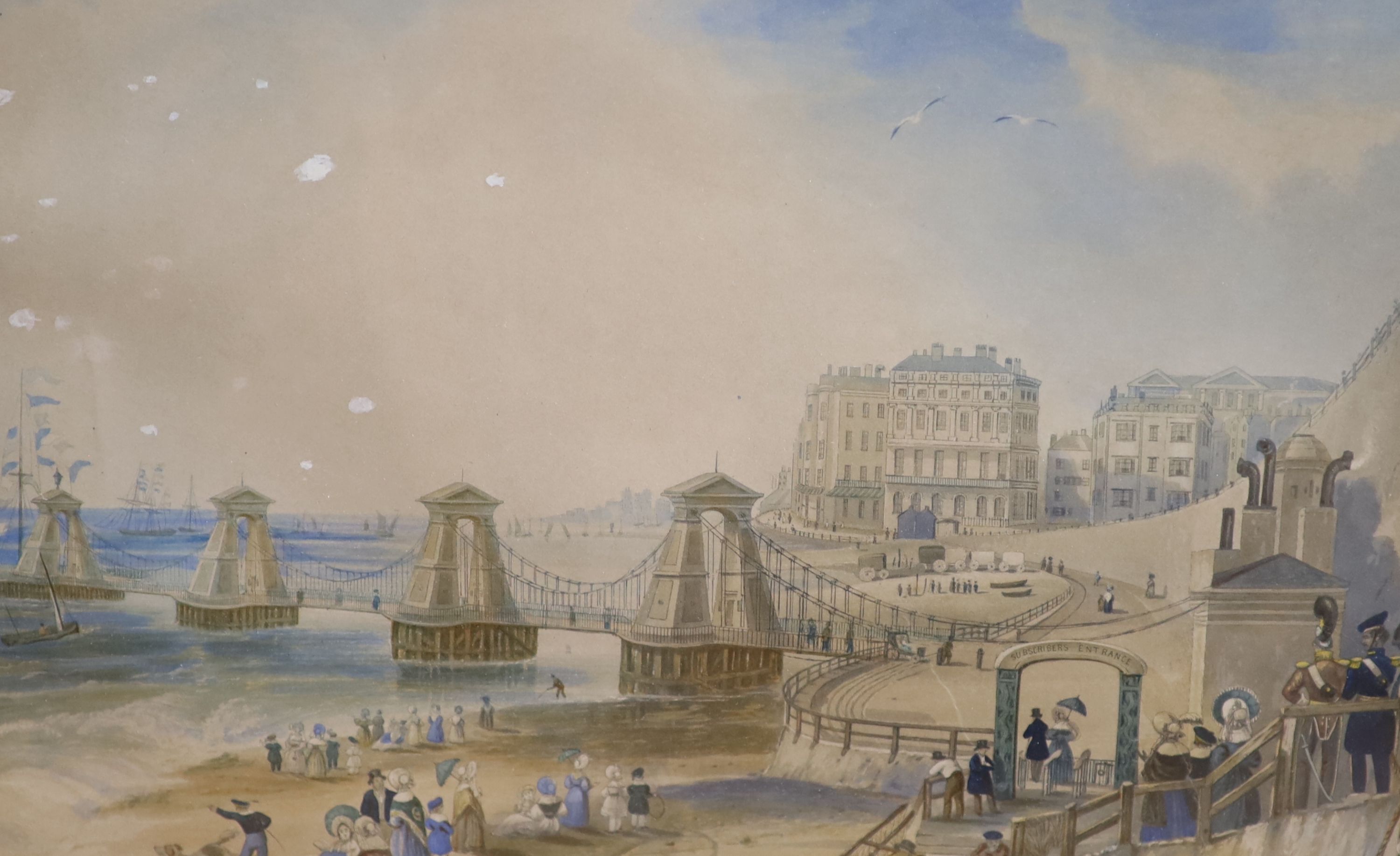 G.F. Brigg (19th C.), coloured lithograph, Brighton Beach, Bathing Season, 26 x 33cm and two other Brighton prints, Chain Pier and Royal Pavilion